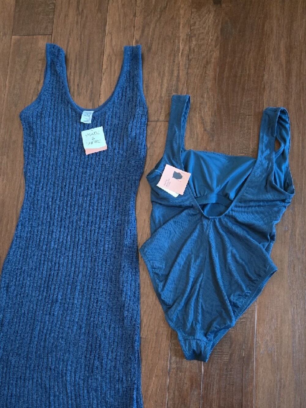 Shade & Shore Teal Blue Ribbed Knit Coverup with Matching Swimsuit High Leg Set - Picture 4 of 5